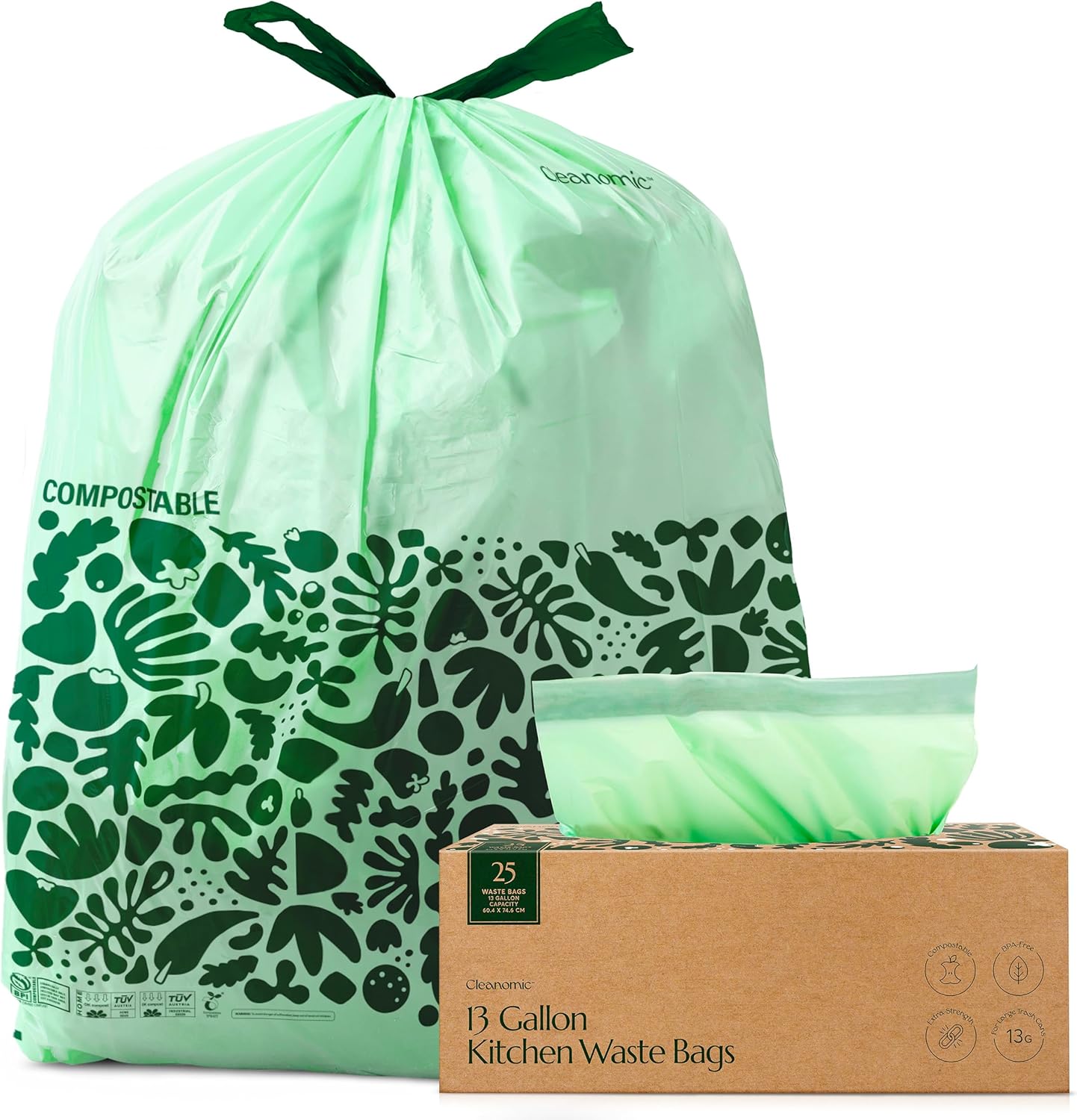 Cleanomic compostable drawstring kitchen trash bags front view authentic eco friendly bin liners.