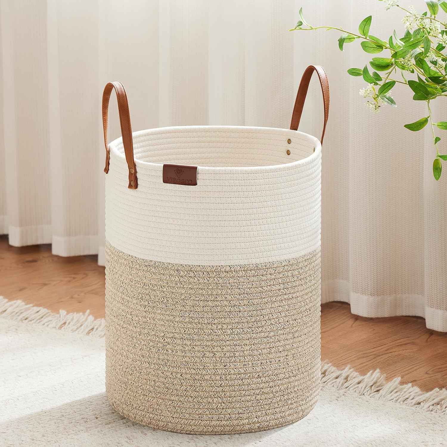 Viposco tall laundry basket front view with leather handles
