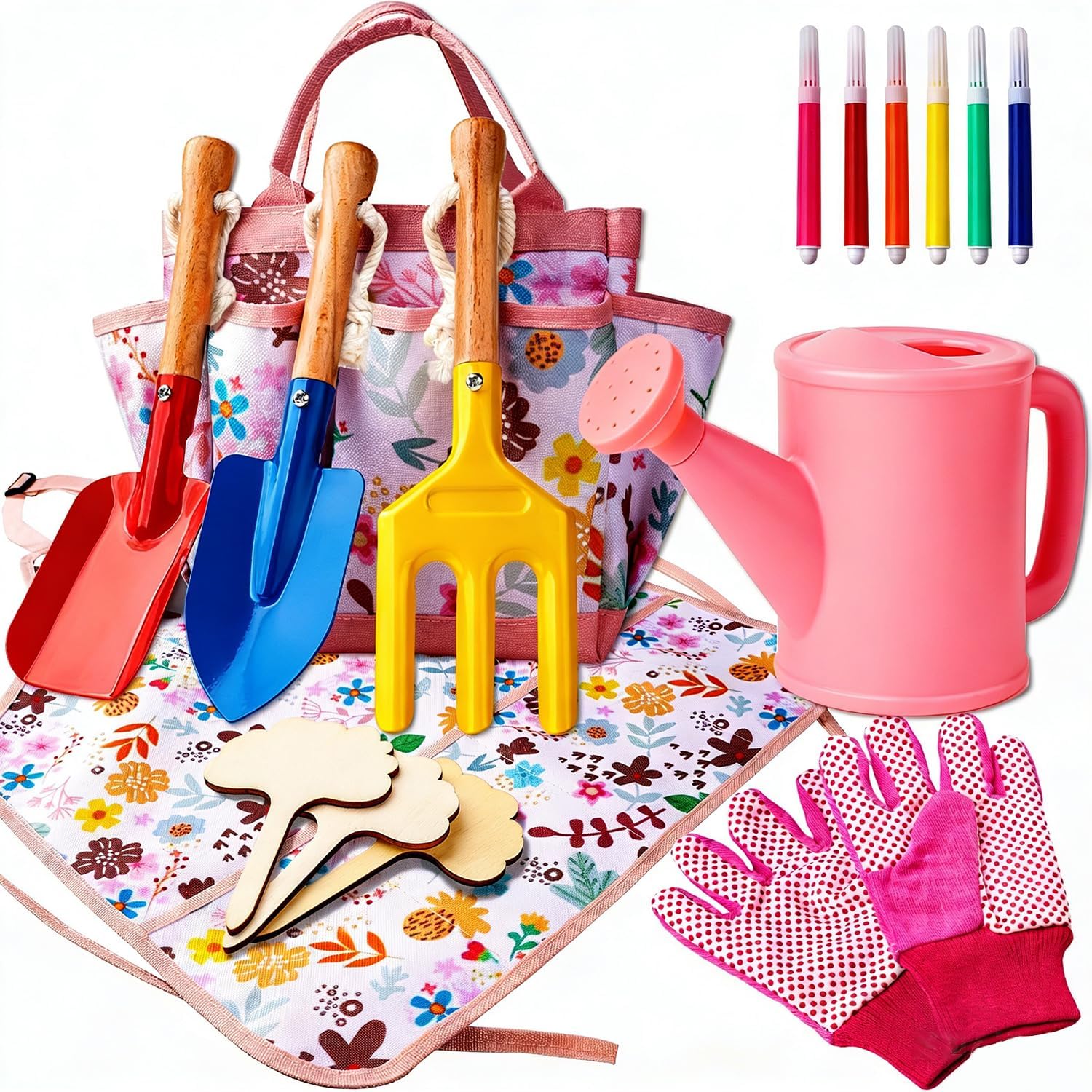 Ervige Kids Gardening Set front view showcasing real metal tools and floral canvas tote bag