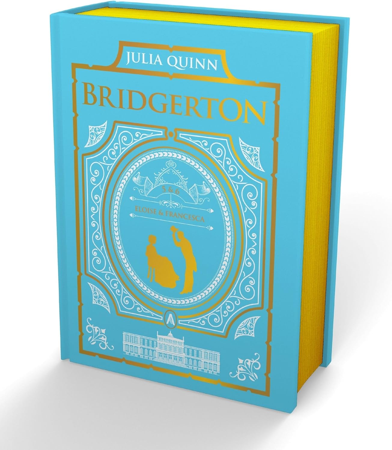 Julia Quinn Bridgerton Collector Edition hardcover book front view showing gold foil iconography and sprayed edges.