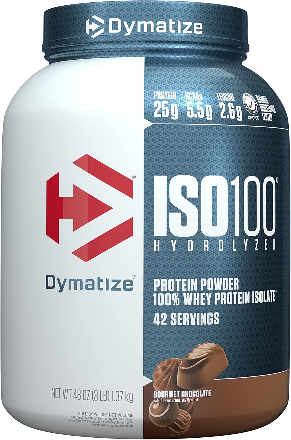 Dymatize ISO 100 Gourmet Chocolate front view whey protein container
