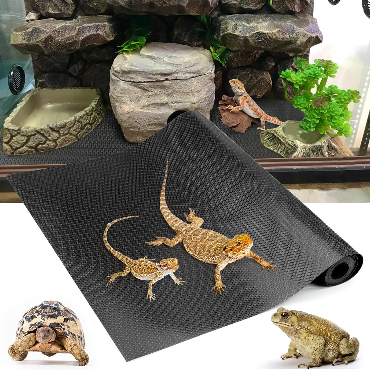 Vodolo reptile terrarium carpet substrate front view showcasing the durable black textured material.