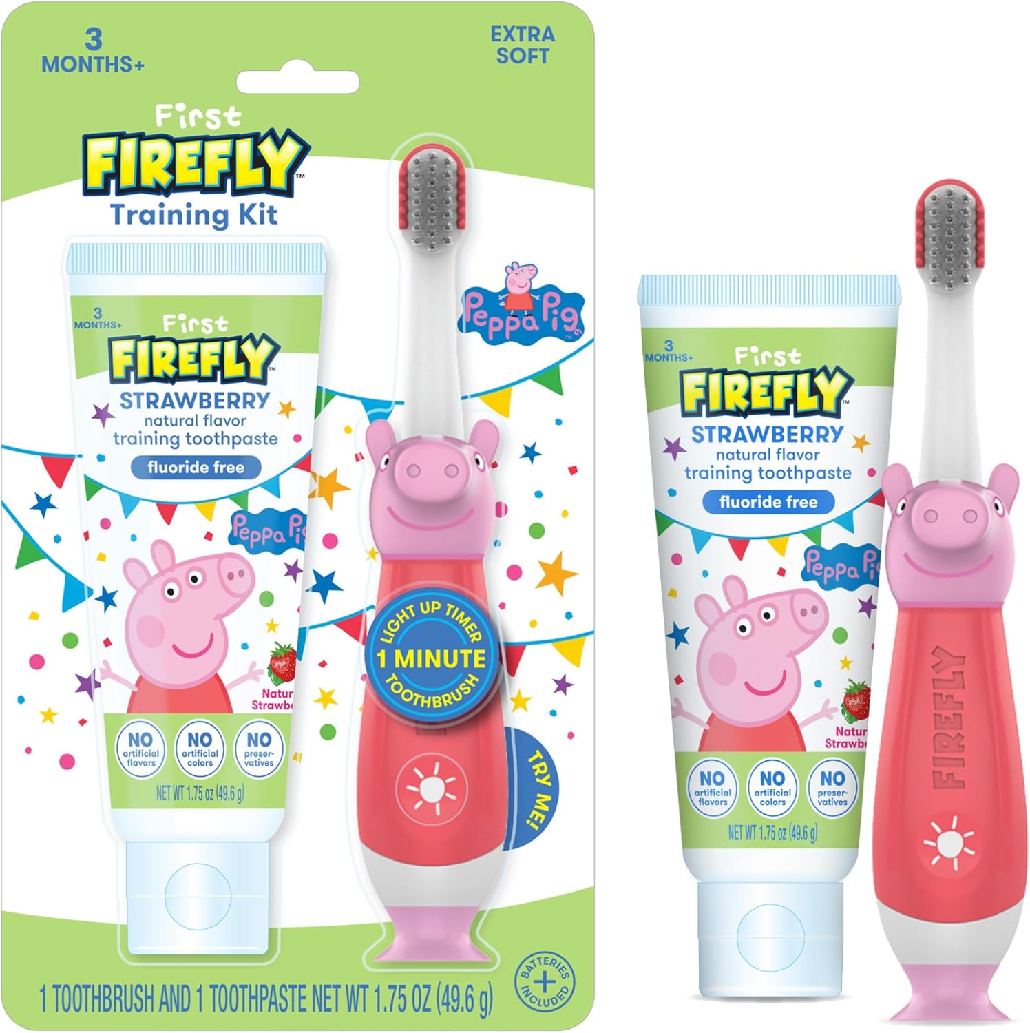 Firefly Peppa Pig Training Kit featuring light-up toothbrush and strawberry toothpaste for toddlers.