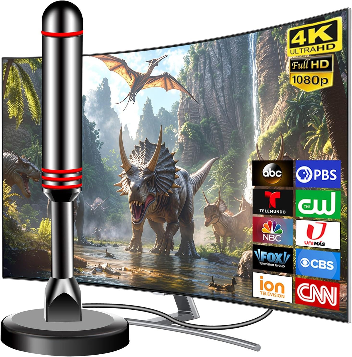 ApexWaveTV indoor digital television antenna front view showcasing the sleek design and sturdy magnetic base setup.