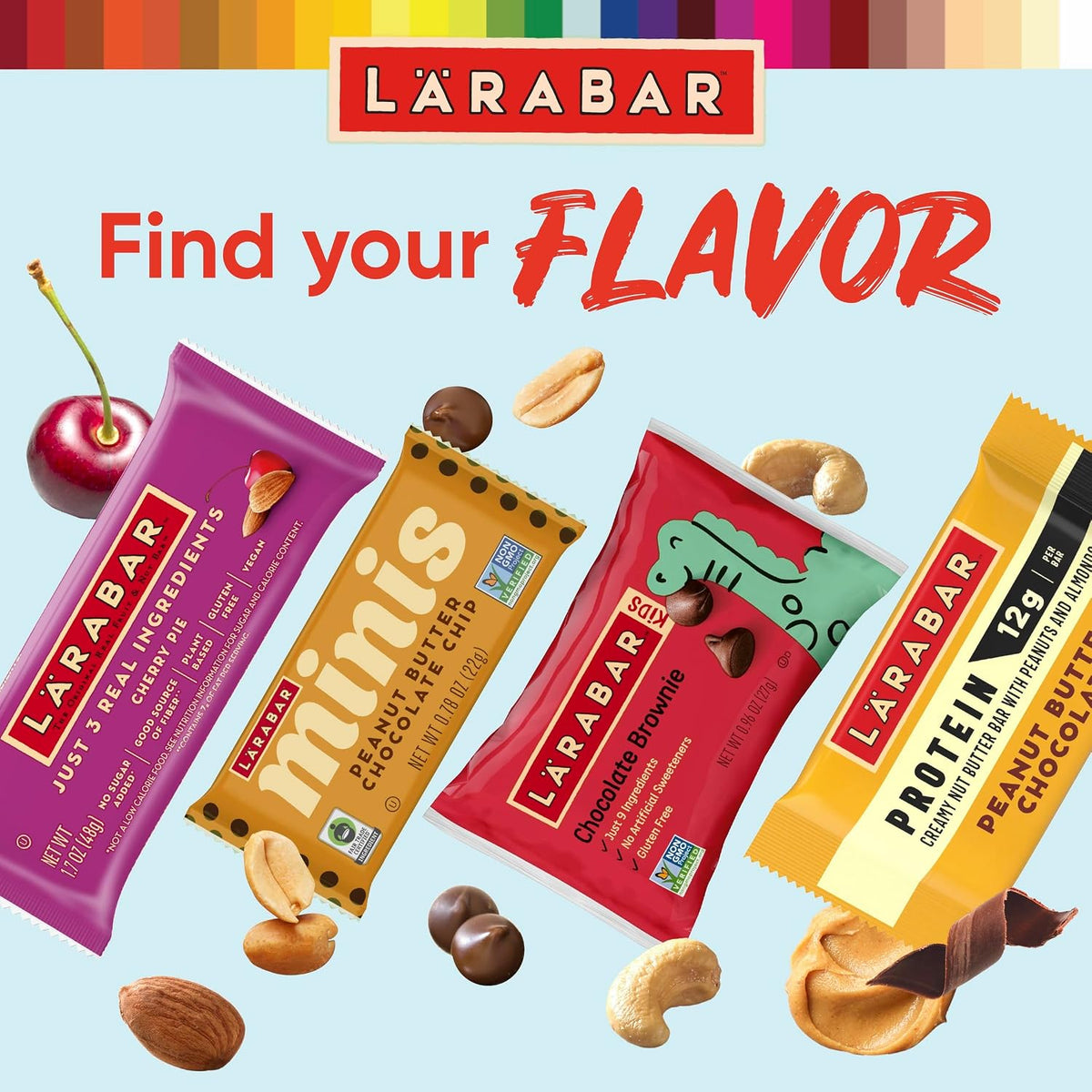 Larabar non GMO healthy snacks variety pack top view open box.