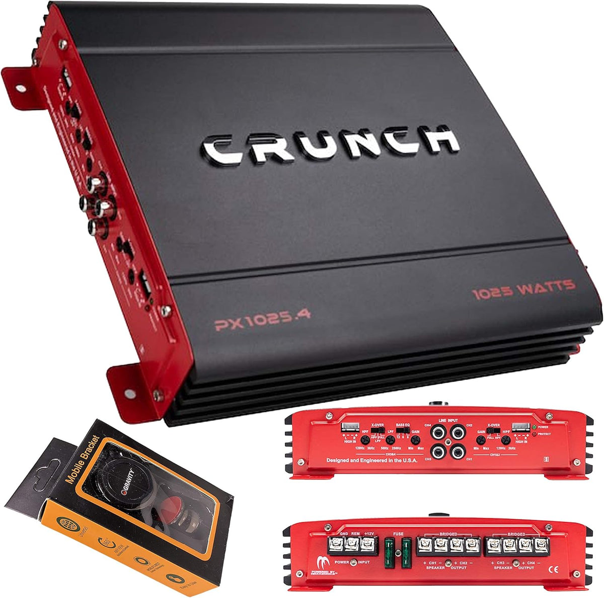 Crunch PX-1025.4 1000W Powerzone car amplifier front view showcasing black and red finish.