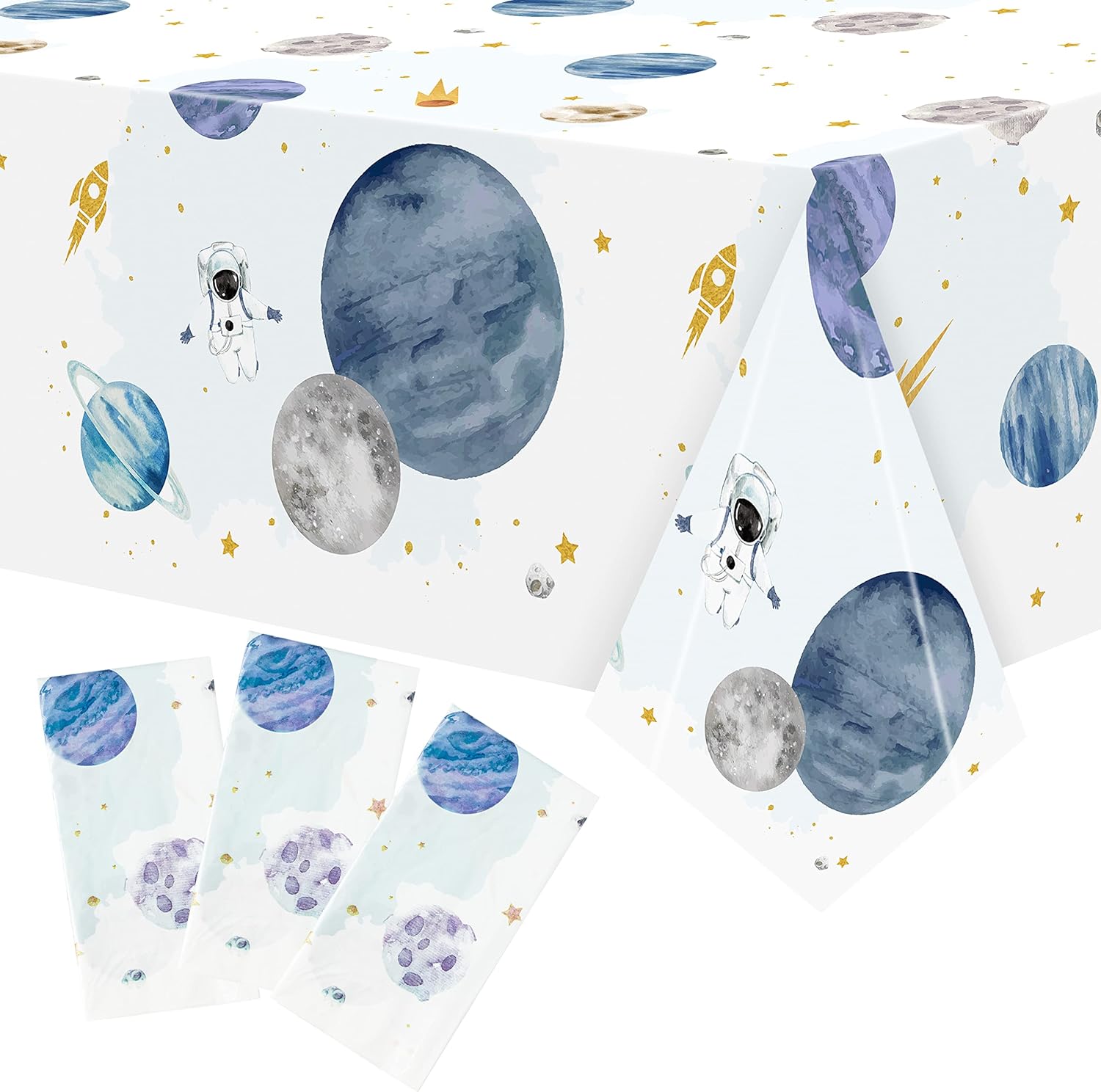 BkeeCten space party tablecloths front view showing astronaut and planet designs.