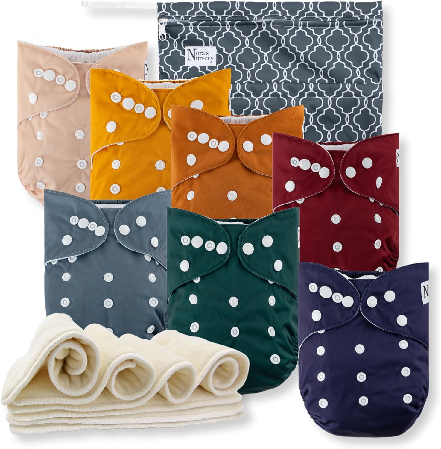 Nora's Nursery Cloth Diapers Pacific Neutrals front view of seven pack with inserts