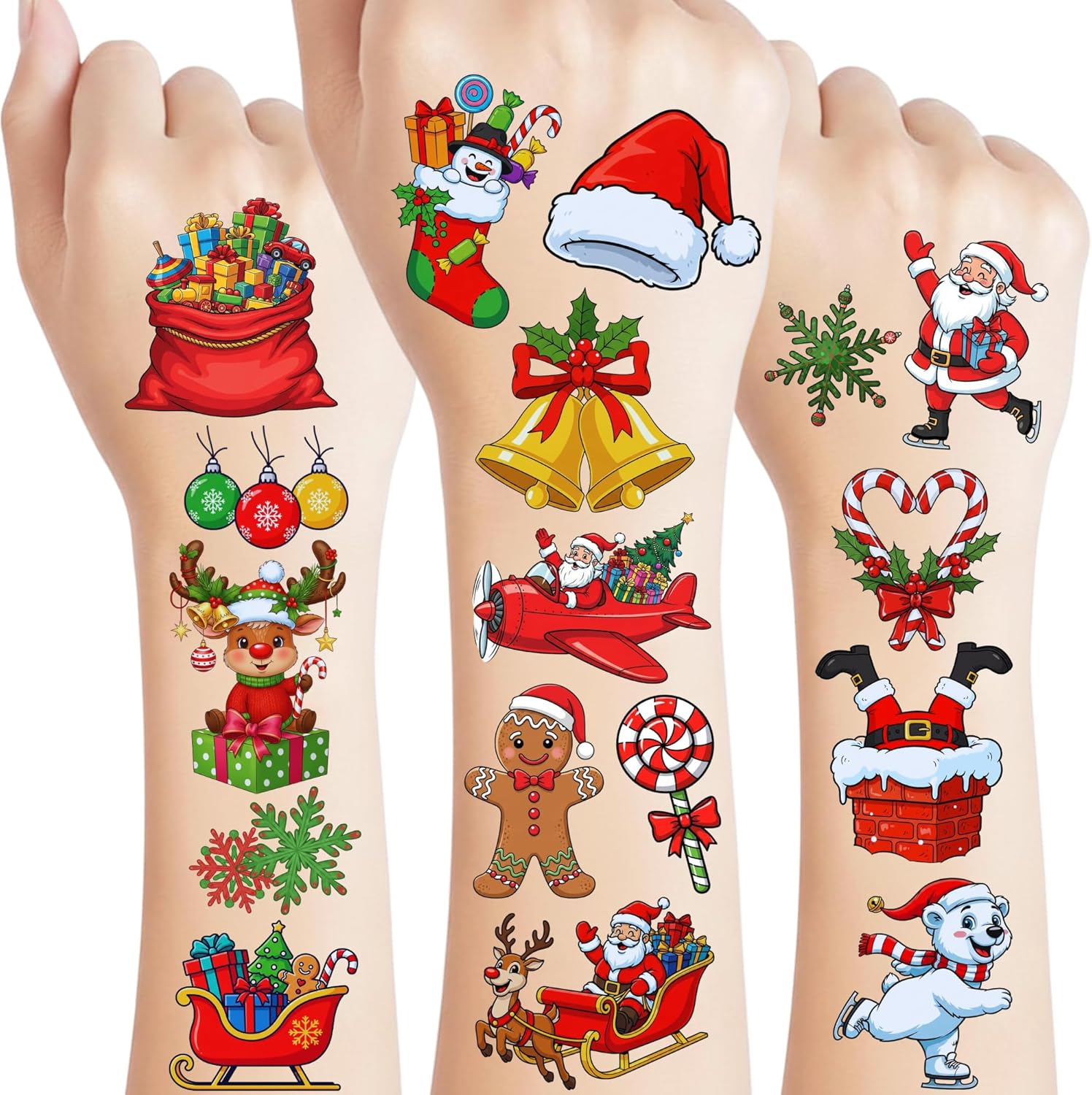 Backtopeia Christmas Temporary Tattoos front view displaying holiday sticker sheets.