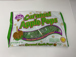 Individually wrapped green apple and caramel lollipops displayed outside the packaging.