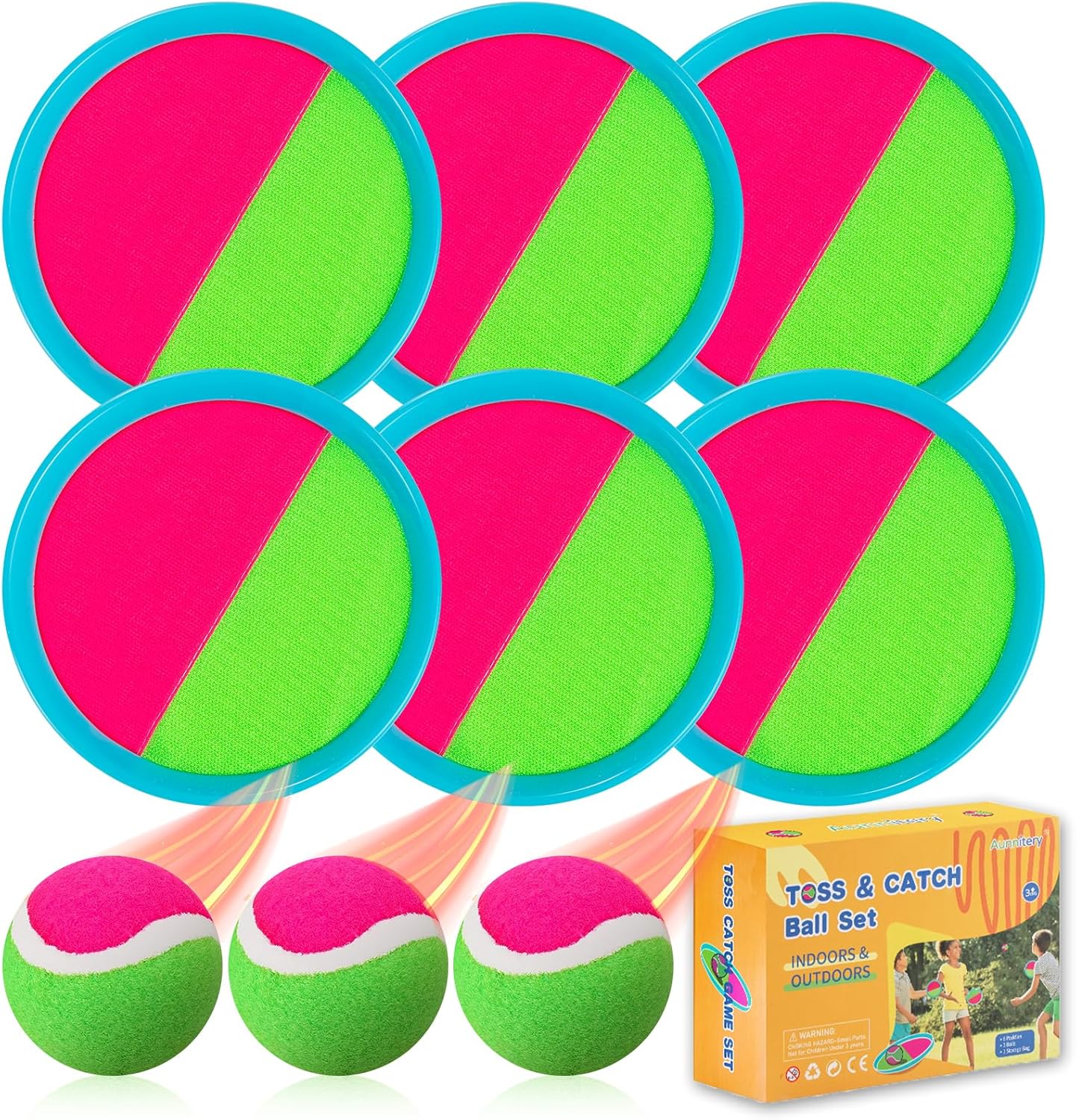 Aunnitery toss and catch ball set with six paddles and three balls