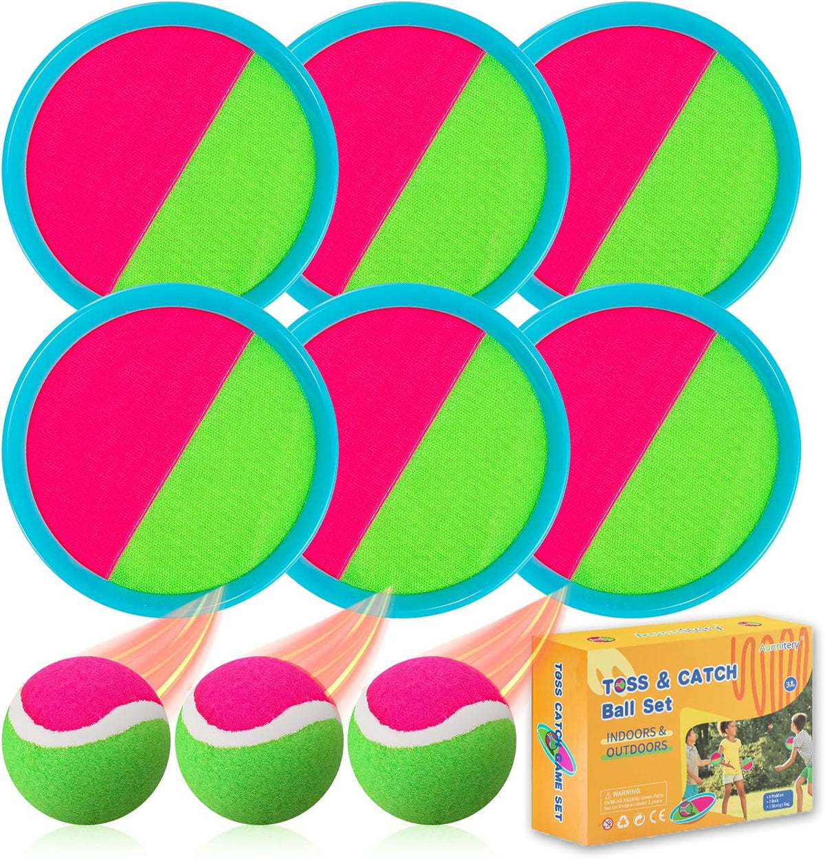 Aunnitery toss and catch ball set with six paddles and three balls