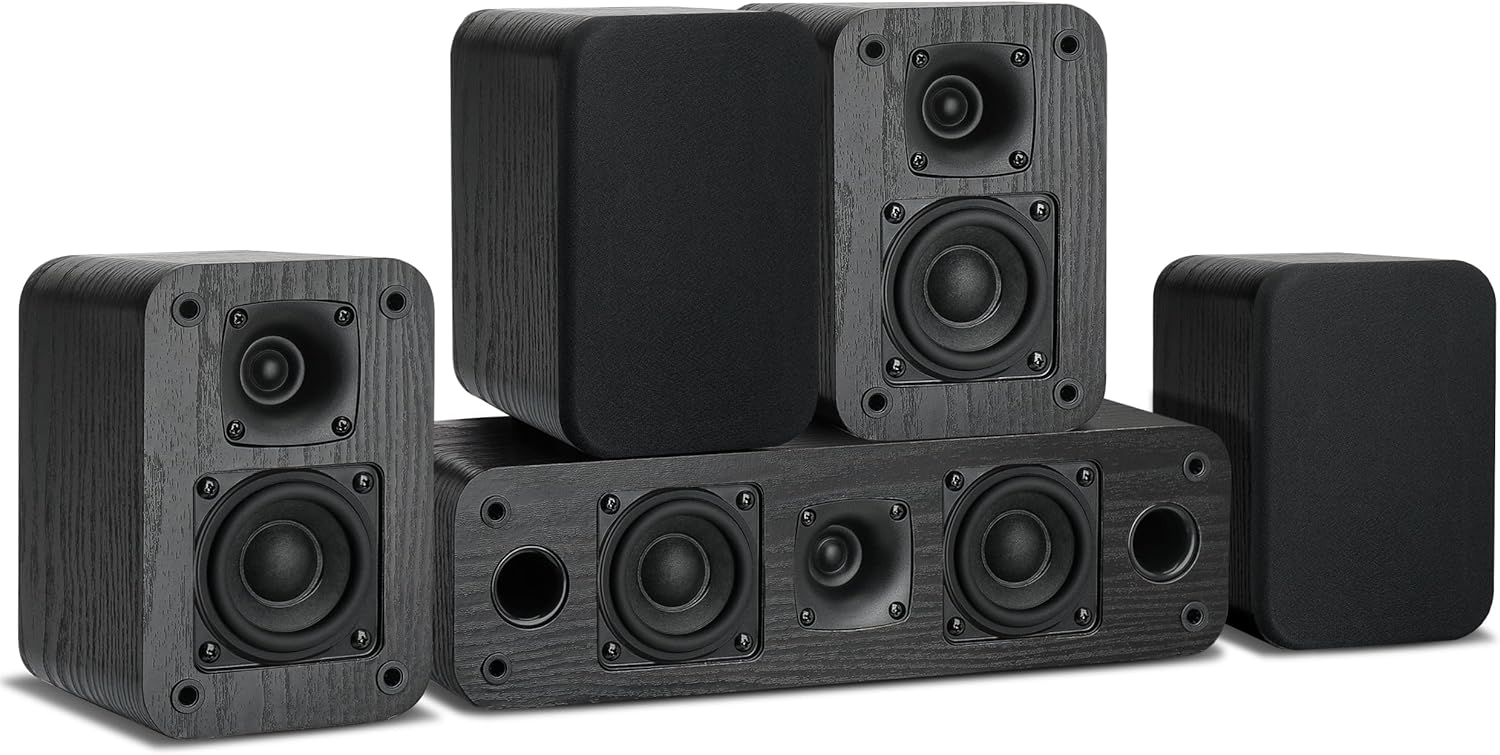 Saiyin 5.0 channel surround sound home theater passive speakers front view showing black retro wood grain cabinets
