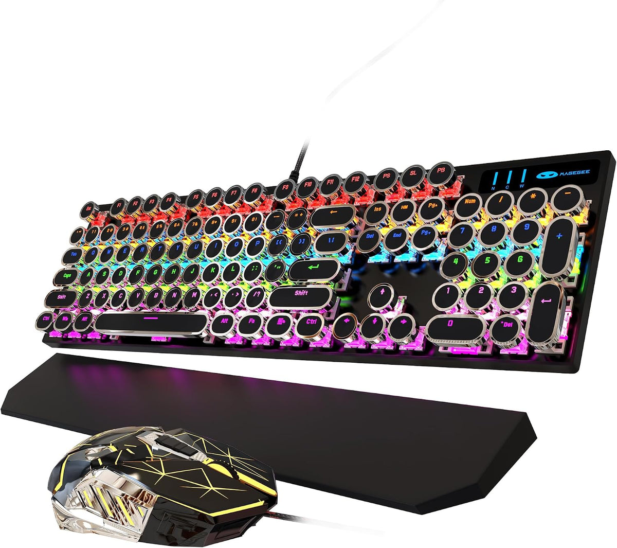 MageGee typewriter gaming keyboard connected to a laptop setup