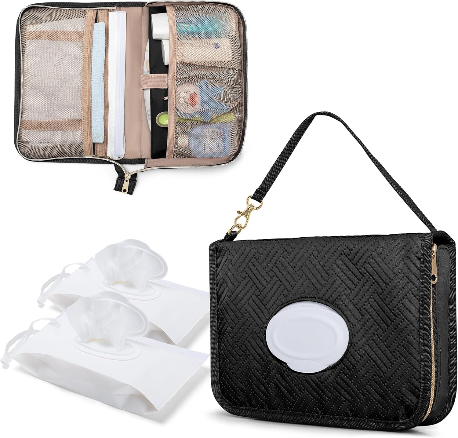 Rexmica diaper clutch bag black front view with wipes dispenser