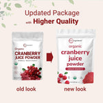Fresh red cranberries and pink cranberry juice powder pile