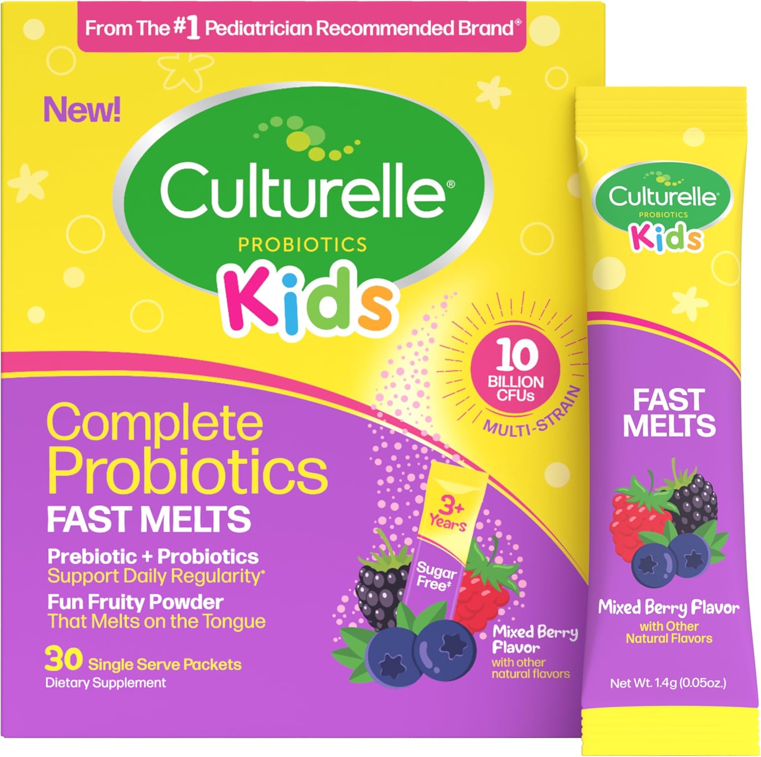 Culturelle(R) Kids Complete Probiotics Fast Melts Mixed Berry Flavor 30 Count Sugar Free Prebiotic + Probiotic Powder for Digestive and Immune Health, Supports Daily Regularity * - Image 1