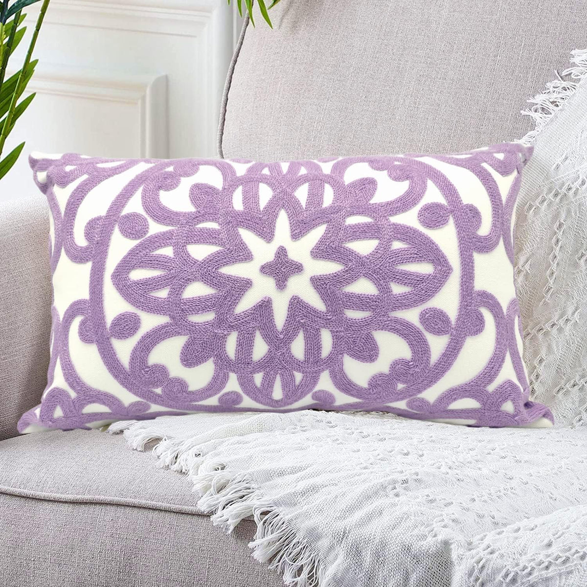 Alysheer Embroidered Lumbar Decorative Throw Pillow Cover 12"x 20", Classic Boho Mandala Embroidery Pattern Cotton Rectangular Cushion Case for Sofa Couch Living Room Bedroom(Navy Blue) - Image 15