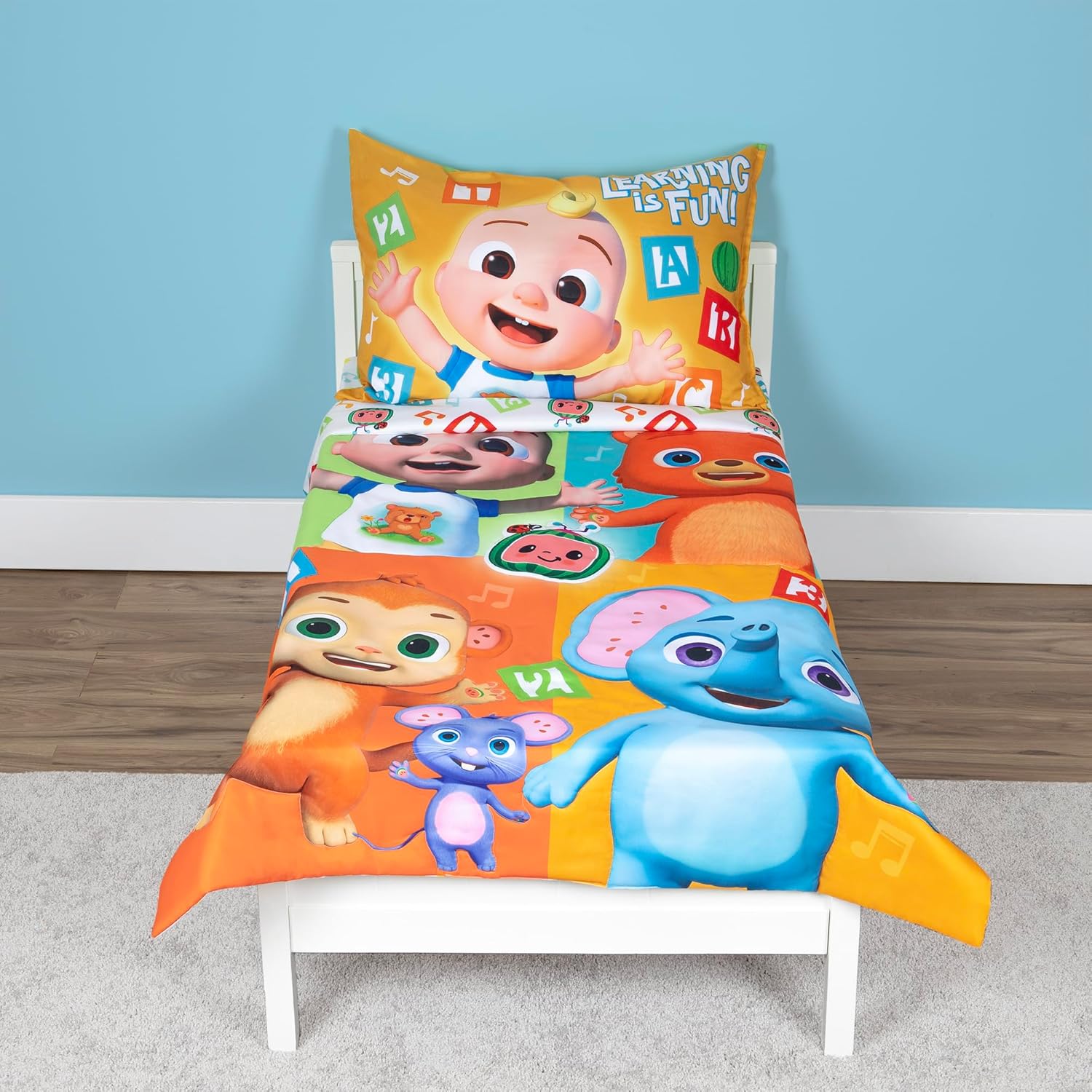 Cocomelon Learning Is Fun 4-Piece Toddler Bedding Set front view