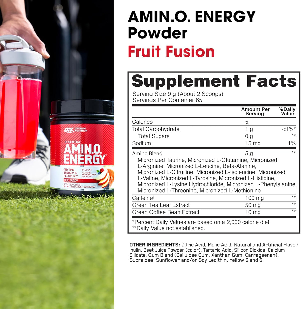 Optimum Nutrition Pre Workout energy powder container angled view showing the premium lid seal