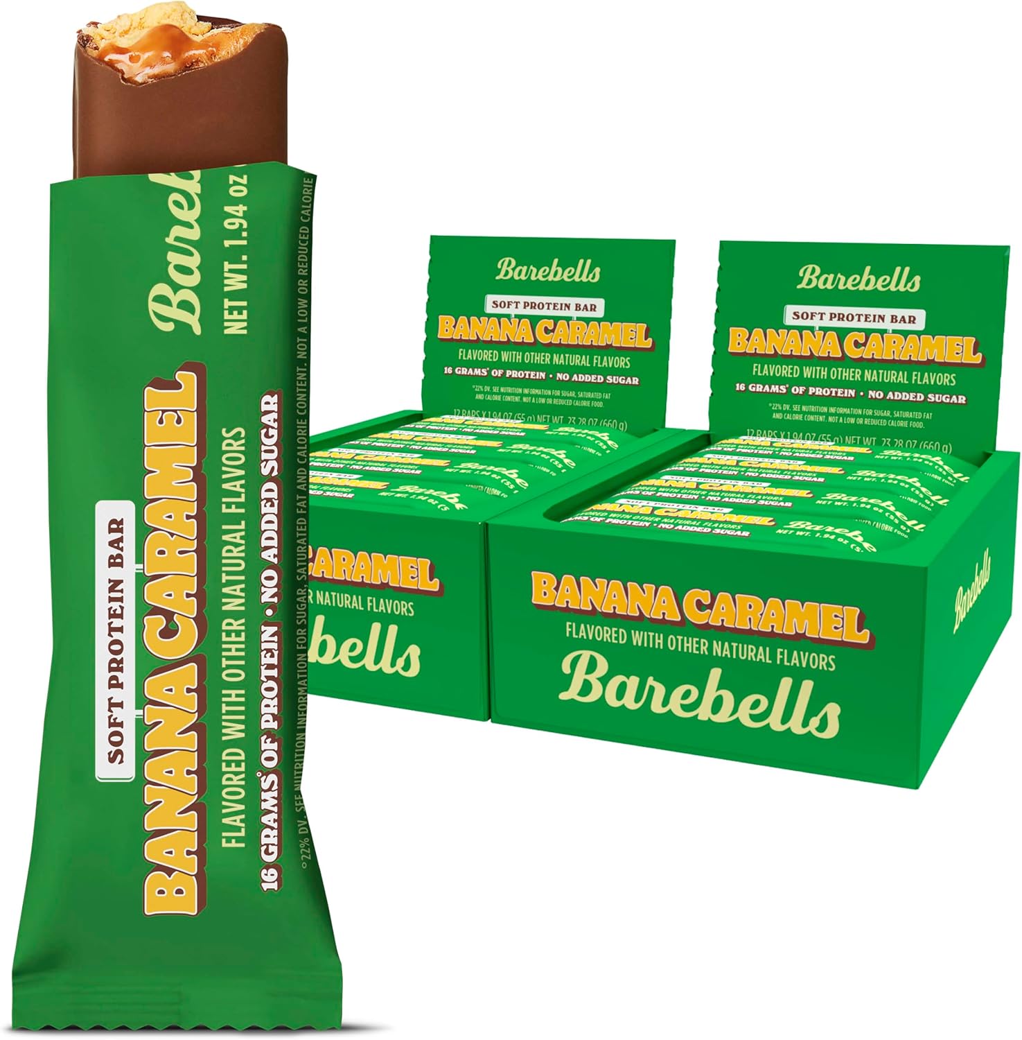 Barebells Soft Protein Bars Banana Caramel front view of package
