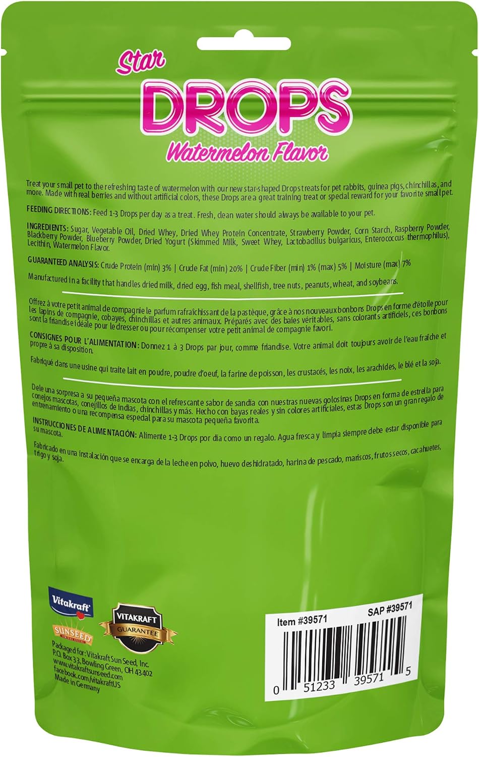 Vitakraft watermelon yogurt drops for rabbits and guinea pigs packaging details