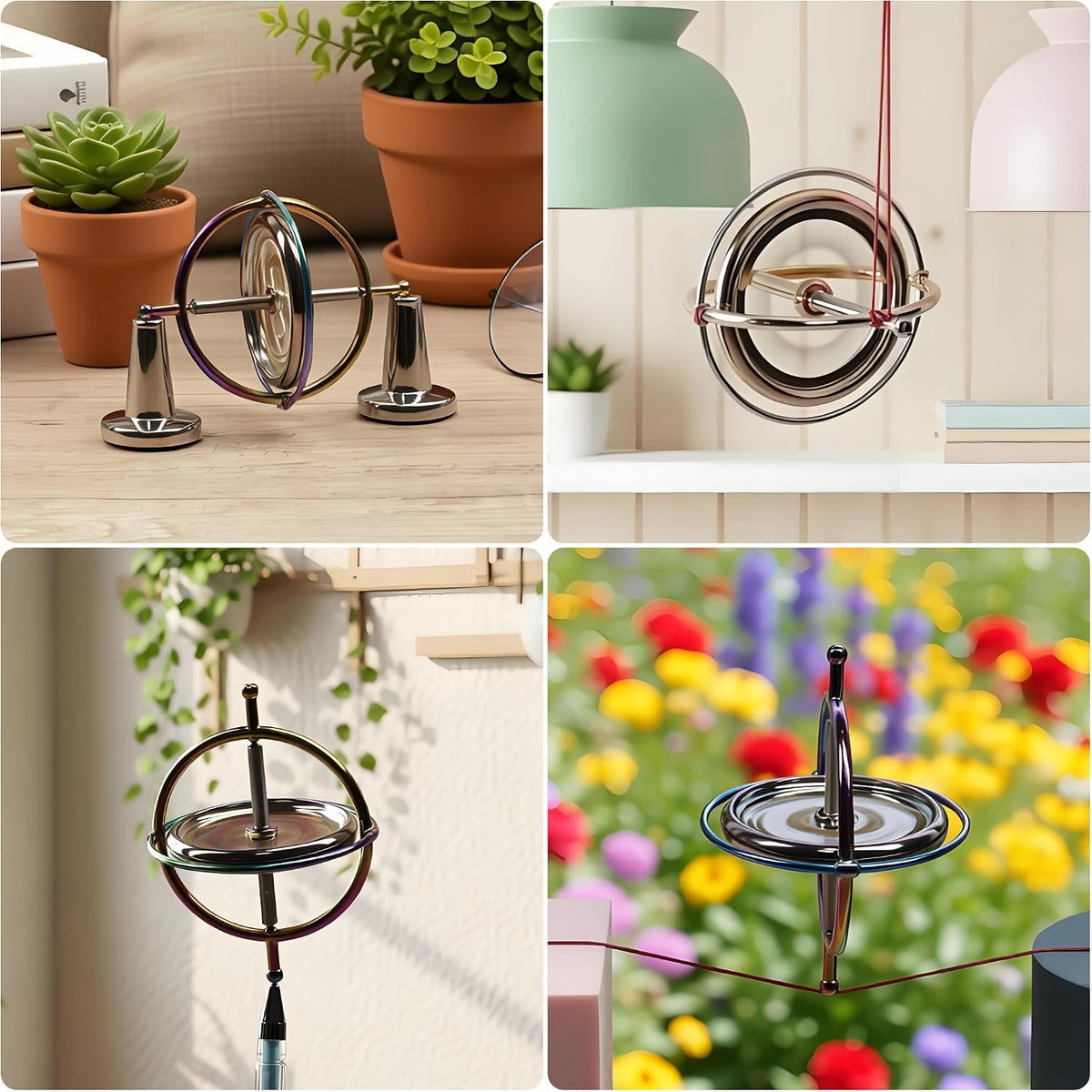 Top angle view of dual concentric metal rings and spinner