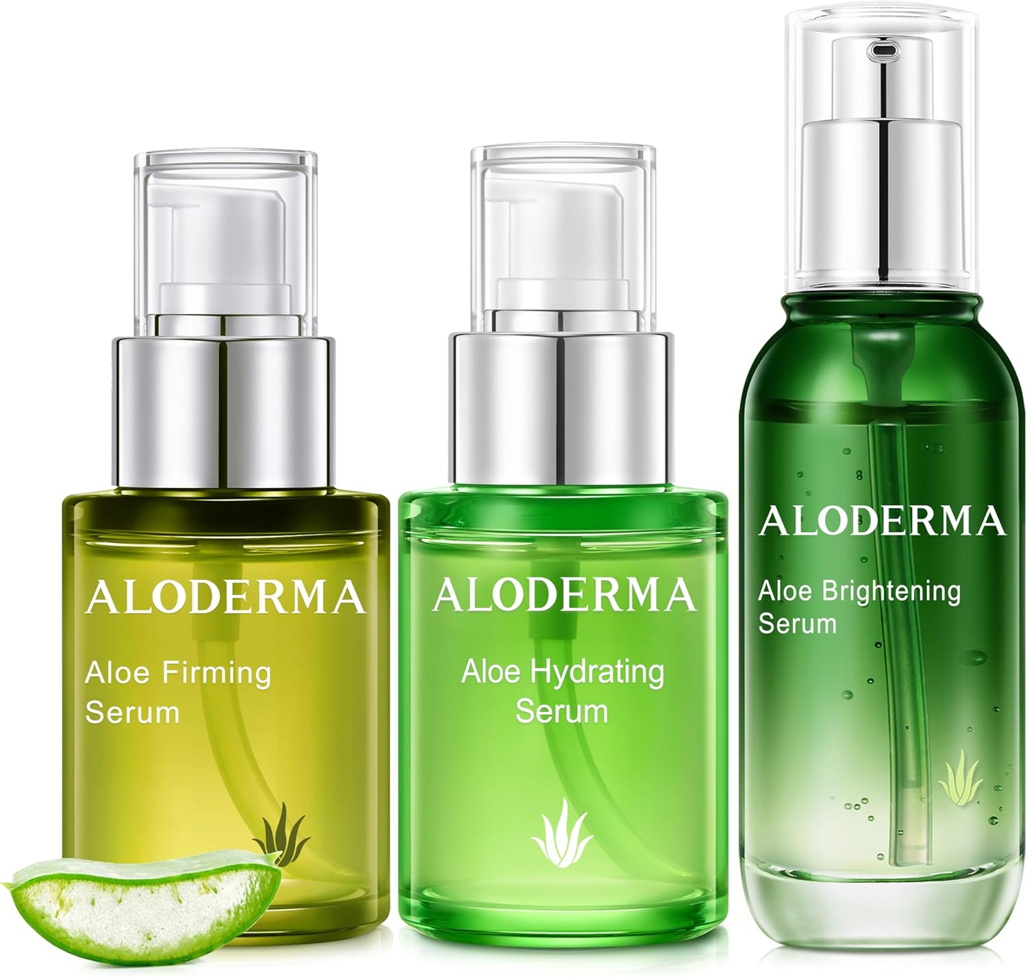 Aloderma Aloe Face Serums Set three pieces front view showing green glass bottles on a white background.