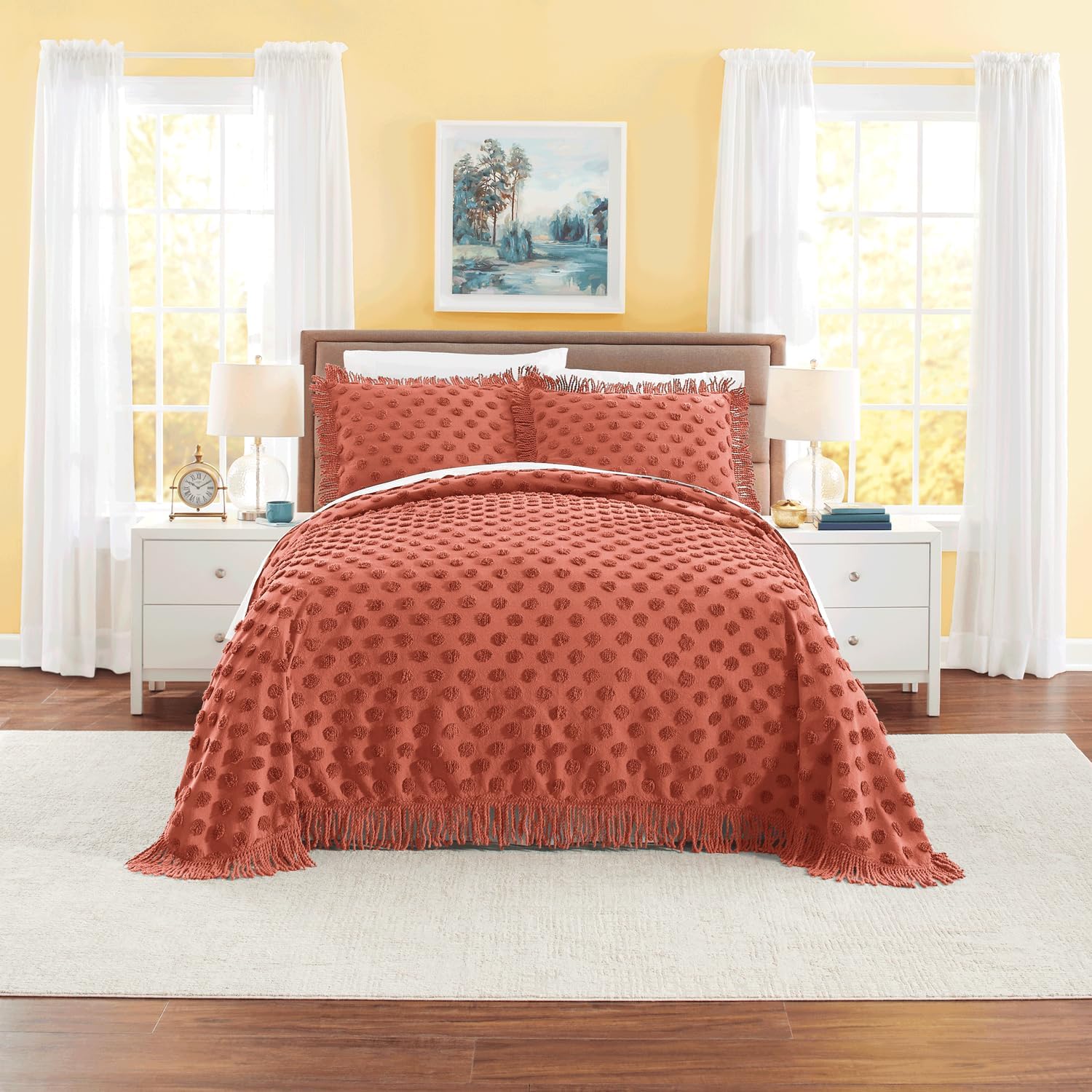 Color Connection Montgomery Ward Autumn Chenille Dot Bedspread in spice showing raised texture and fringe.