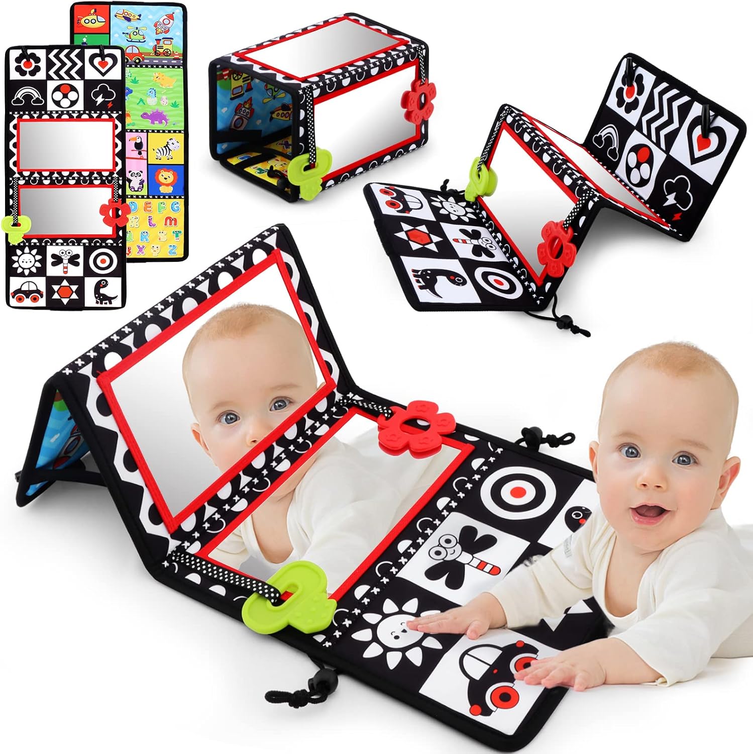 Oarifun tummy time floor mirror front view showcasing the large reflective baby safe screen on an easel stand.