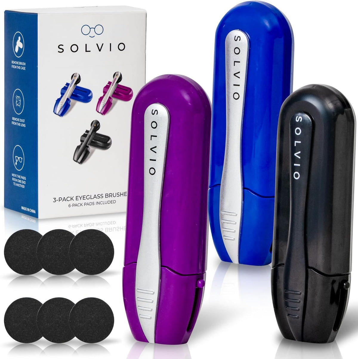 Solvio Portable Microfiber Eyeglass Cleaner three pack front view authentic lens cleaning tool