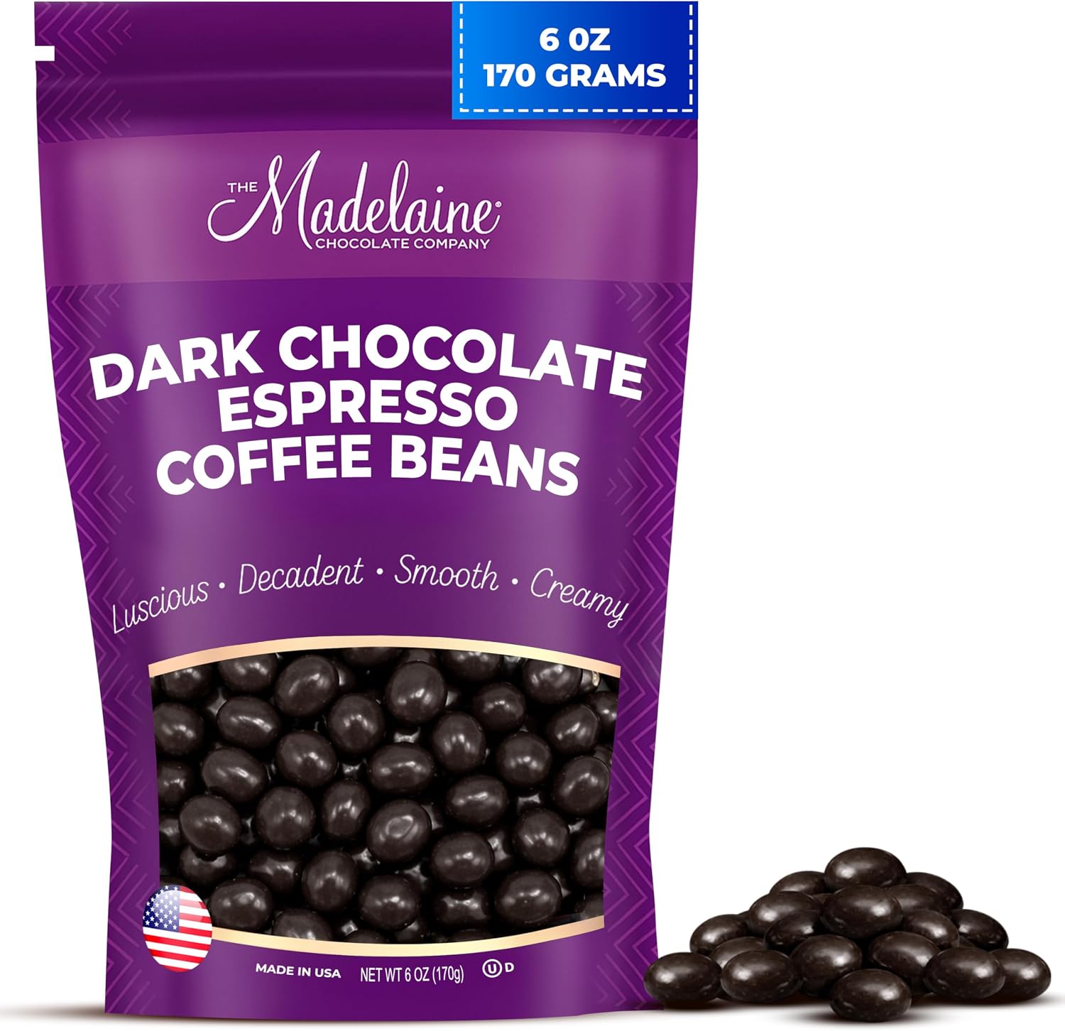 Madelaine Dark Chocolate Covered Espresso Beans front packaging view