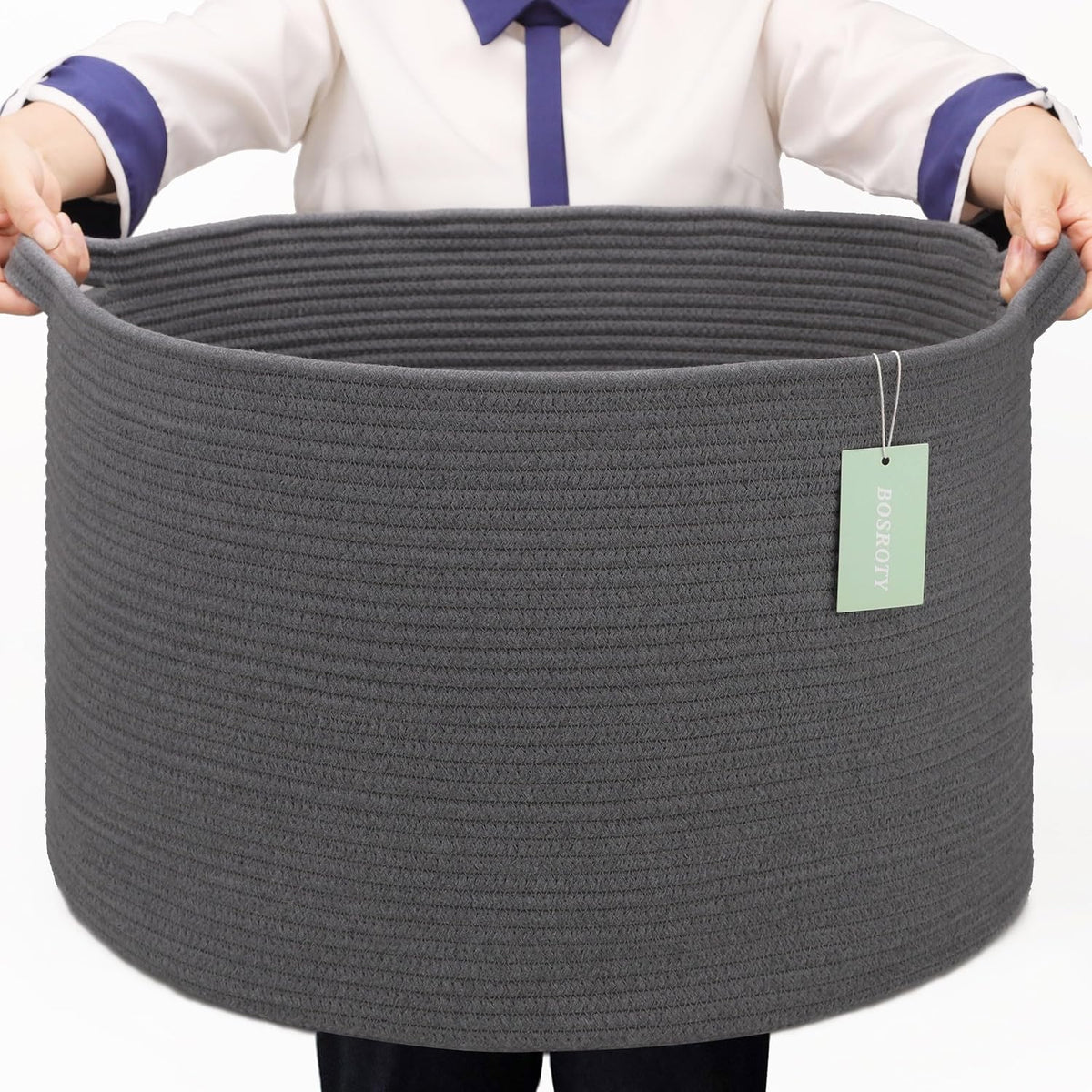 Large Cotton Rope Blanket Basket, 87L Laundry Hamper, White & Gray | Collapsible Woven Nursery Hamper, Sturdy Handles for Clothes Toys Towels, Ideal for Living Room Bedroom Bathroom - Image 13