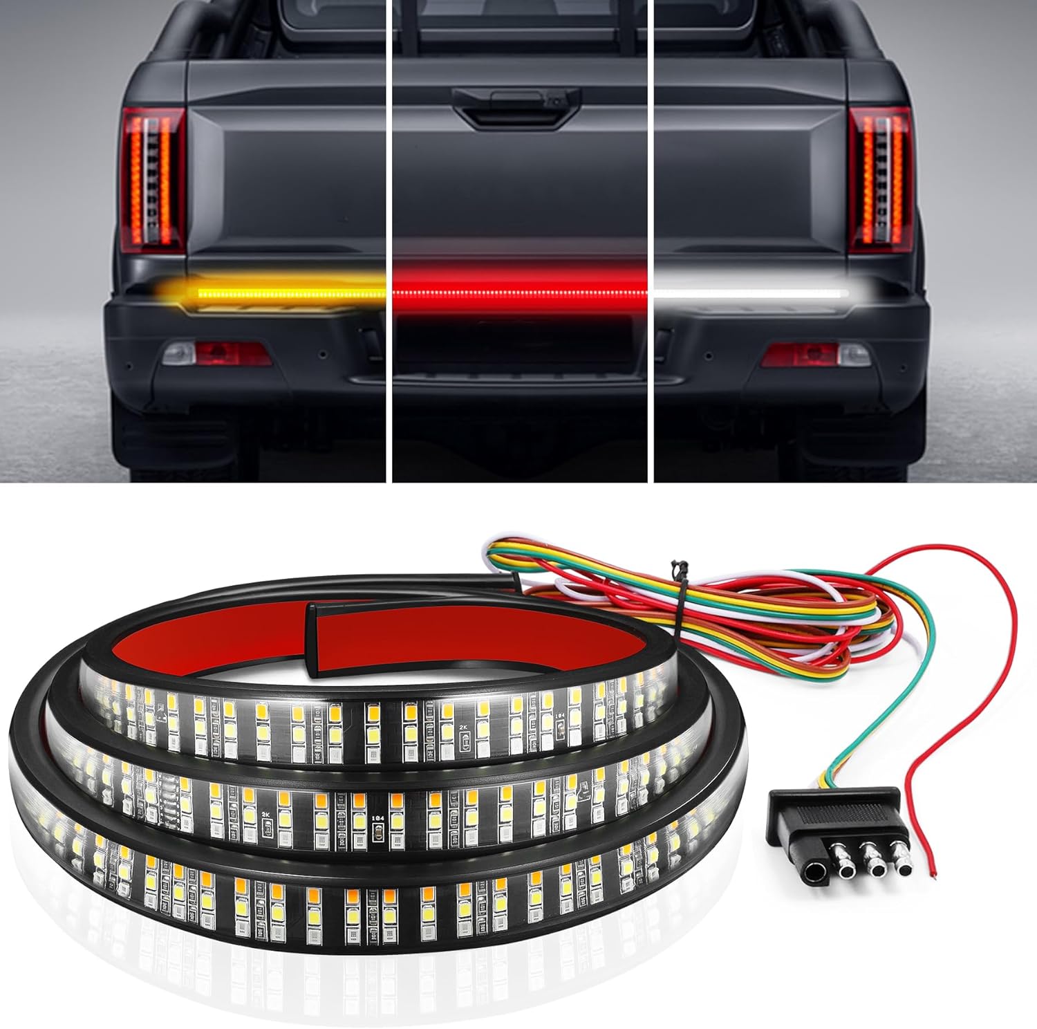 LivTee 60 inch triple row LED truck tailgate light bar showing bright red light