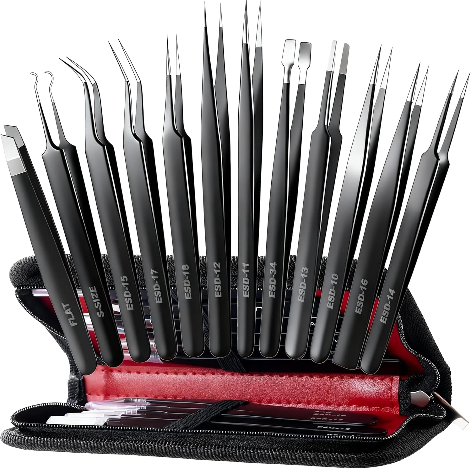 Antonki twelve pack precision tweezers set front view showing assorted black stainless steel tools inside the open carrying case