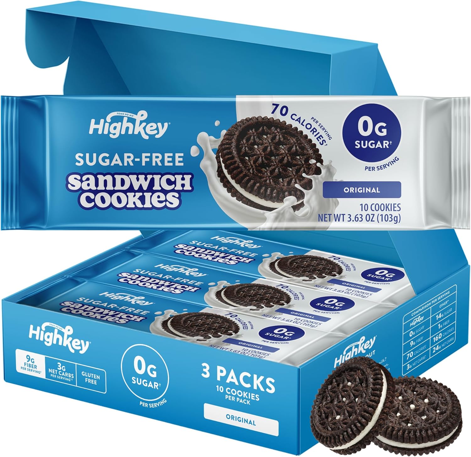 HighKey Sugar Free Sandwich Cookies 30 count front packaging view showing keto friendly snack.