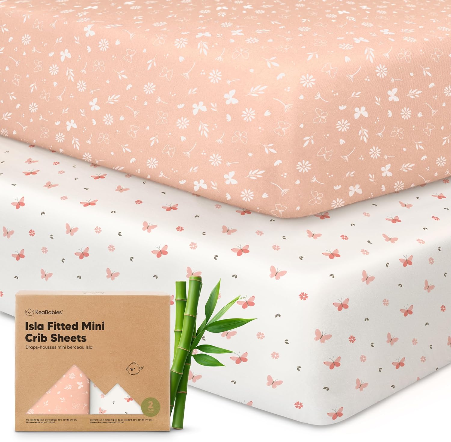 KeaBabies Isla pack and play sheets butterfly print two pack front view packaging