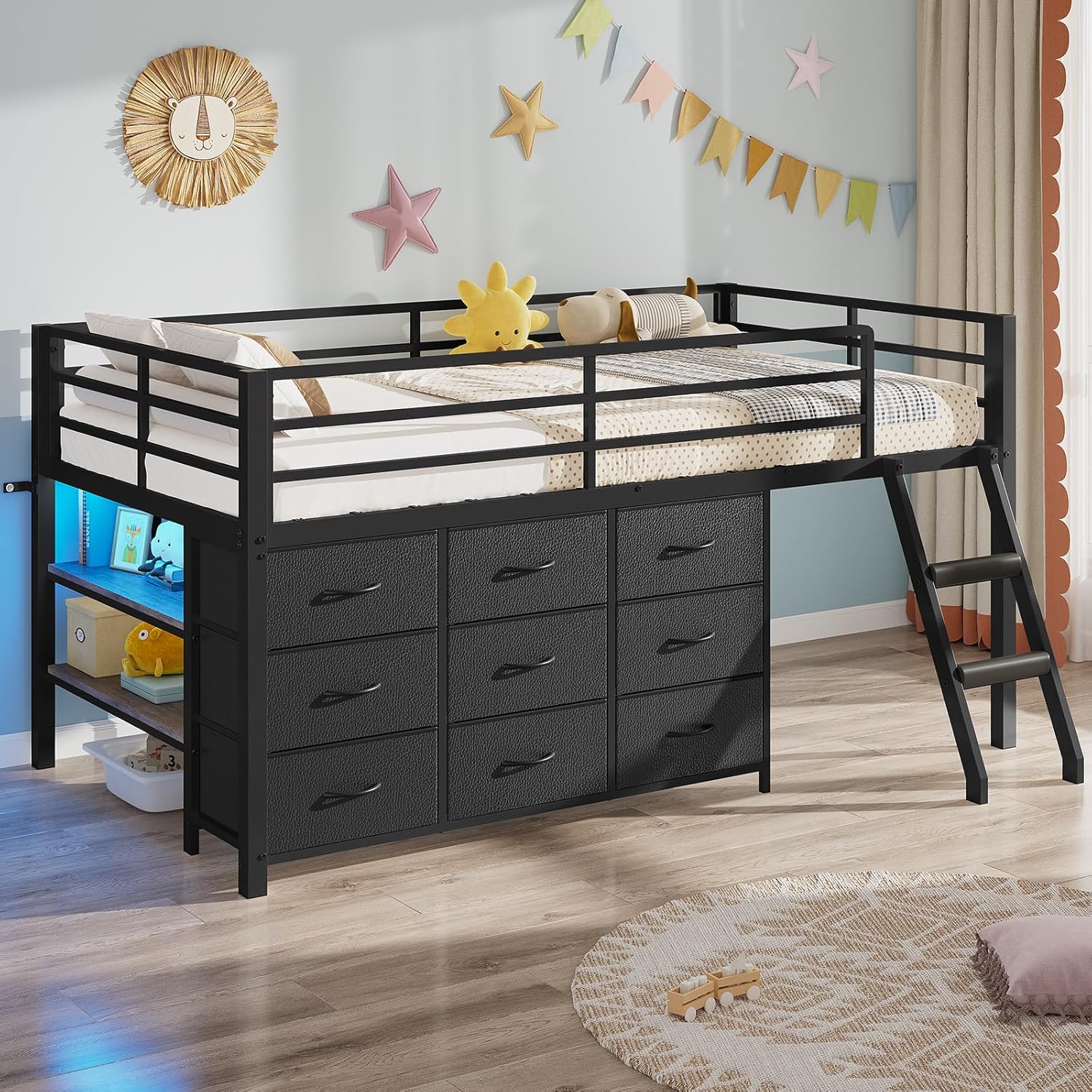 BTHFST twin loft bed front view showcasing black metal frame and nine storage drawers