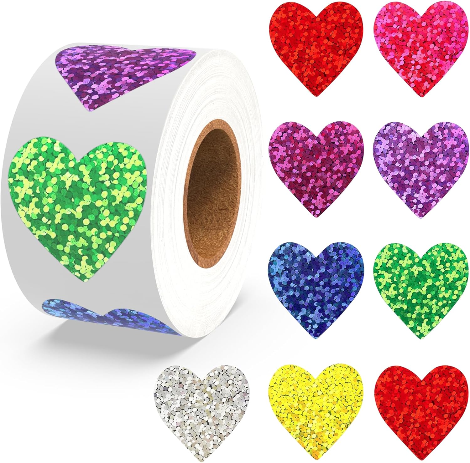 Nelisylux holographic glitter heart stickers roll front view for kids crafts