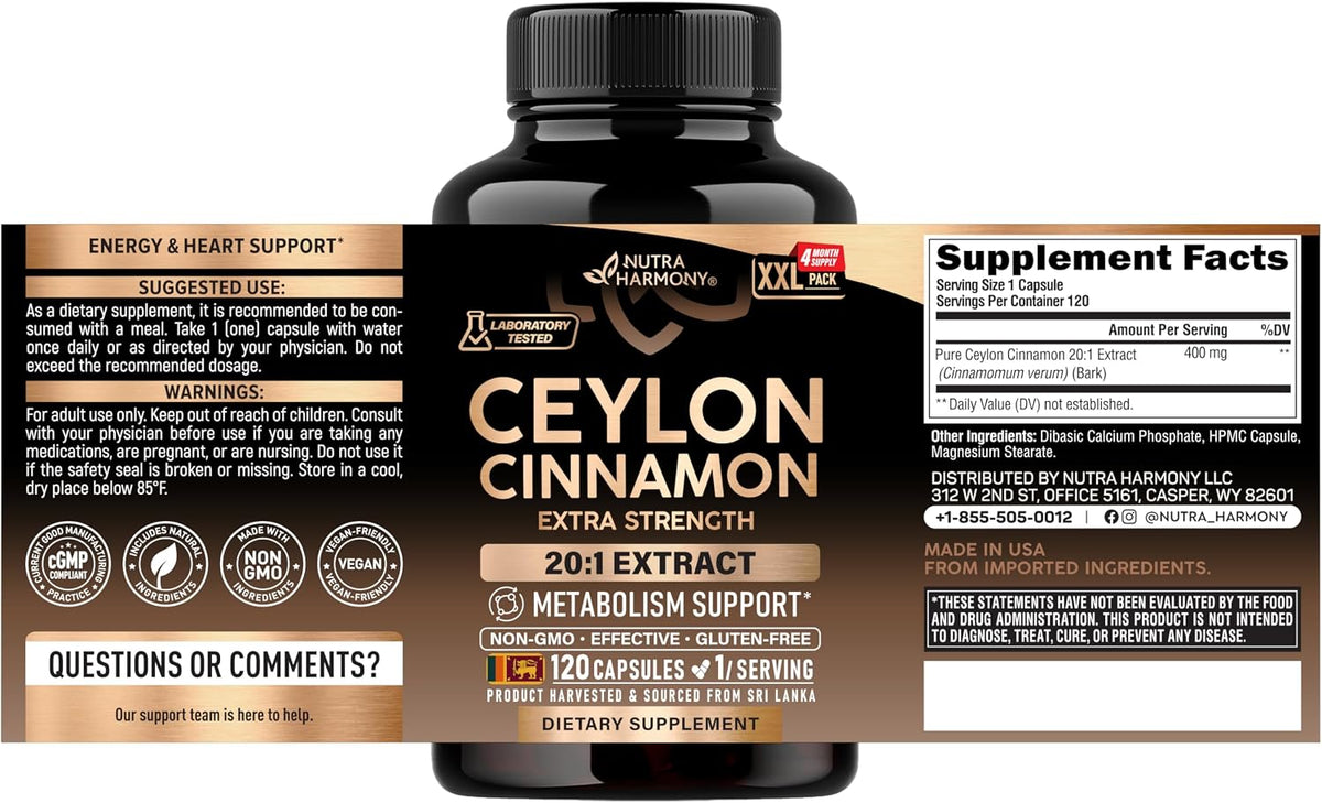 NutraHarmony Ceylon Cinnamon capsules supplement facts label