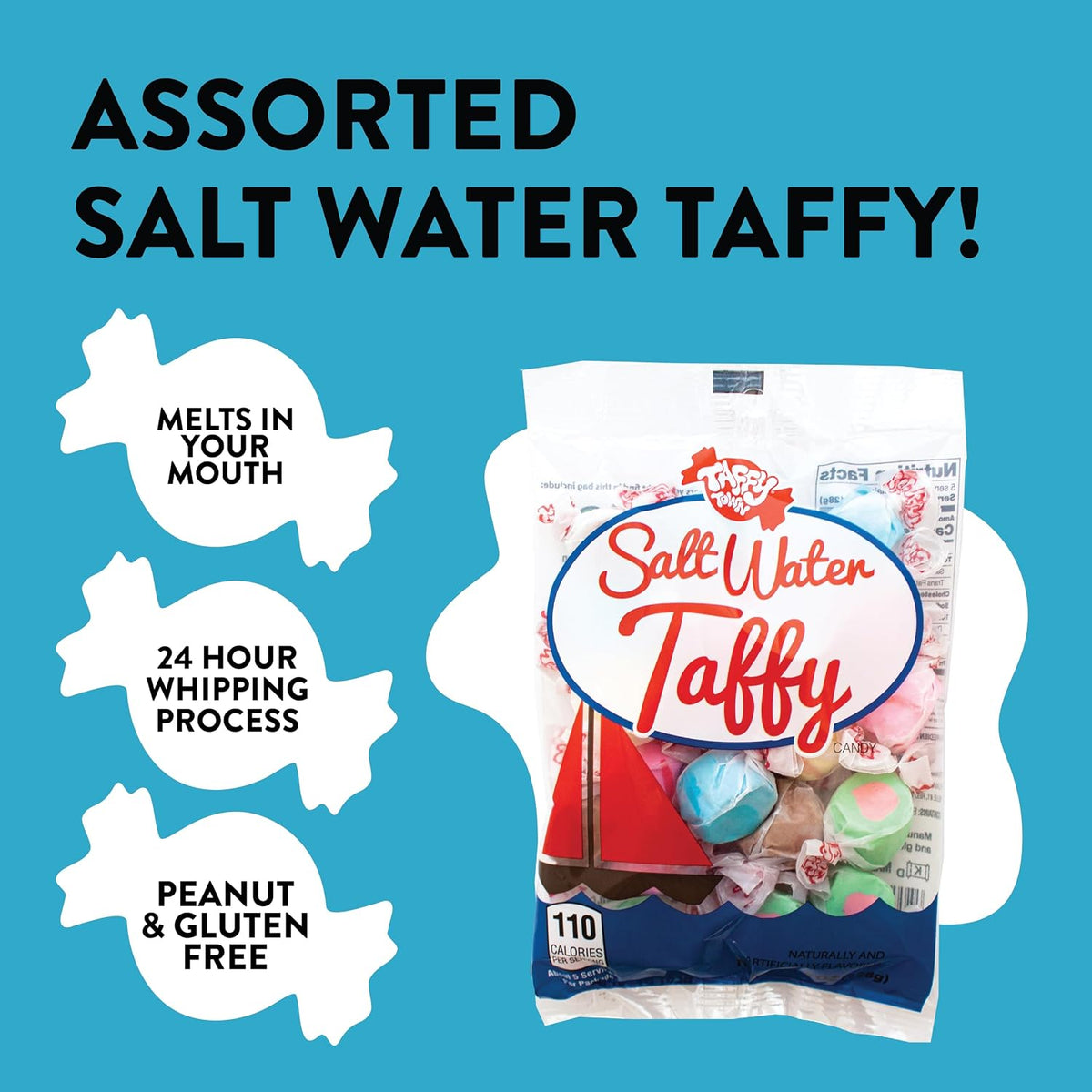 Taffy Town Assorted Salt Water Taffy bag back side listing ingredients and nutrition facts