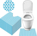 Drydiet disposable toilet mats front view showing white fabric with blue dot design placed around a commode.