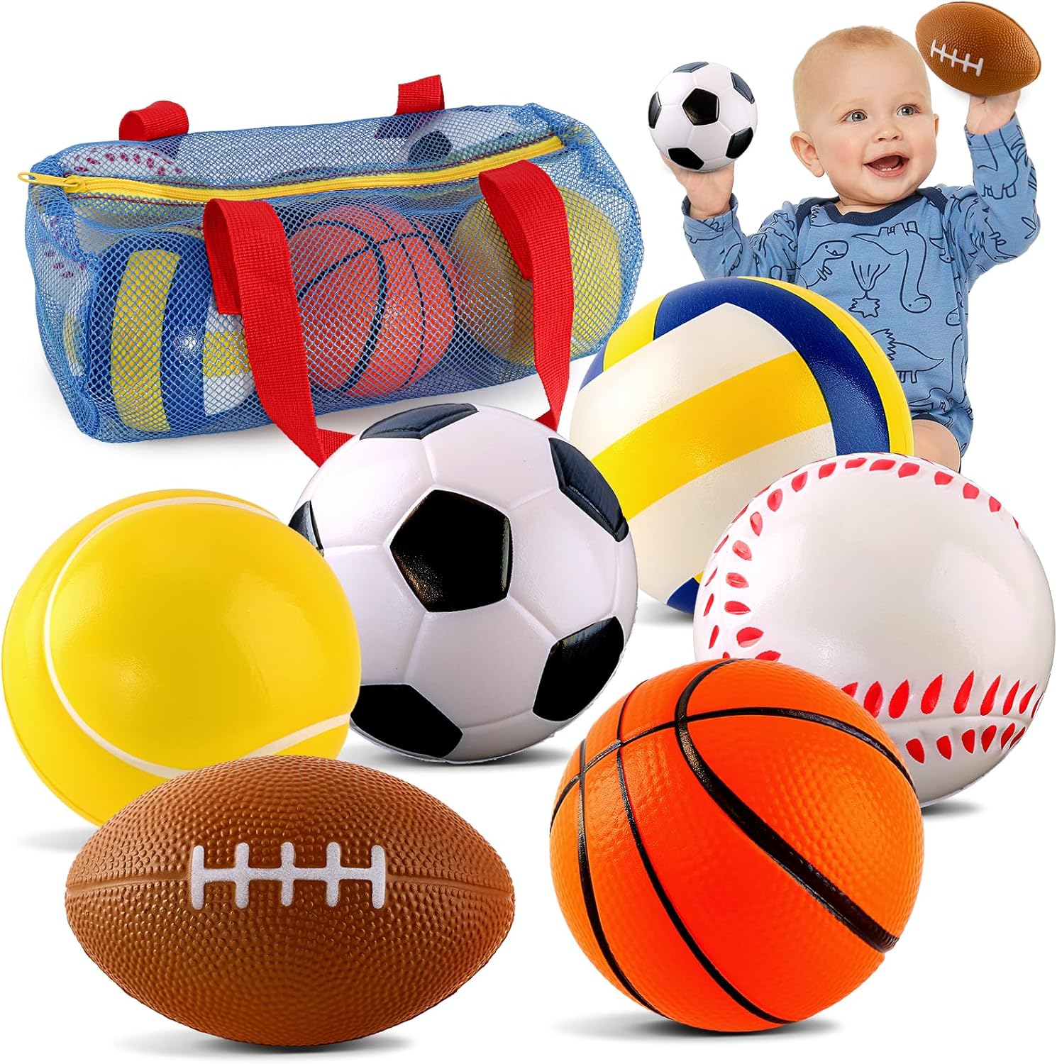 ShyLizard mini sports foam balls for kids front view showing six different soft toy balls