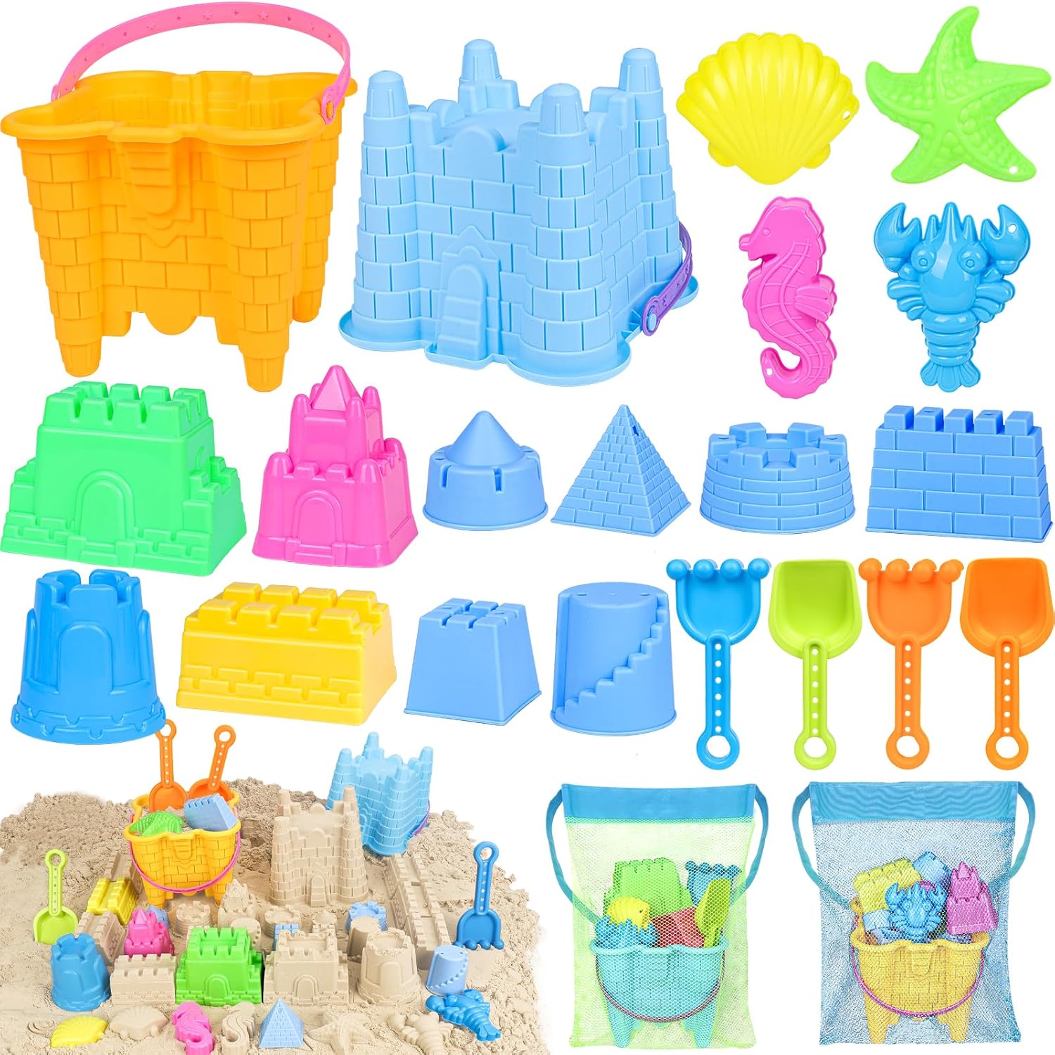 Kubusfly 22 piece beach sand toy set with buckets and molds front view