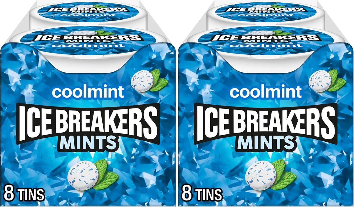 Ice Breakers Coolmint Sugar Free Breath Mints side profile of the durable protective packaging designed for travel convenience.