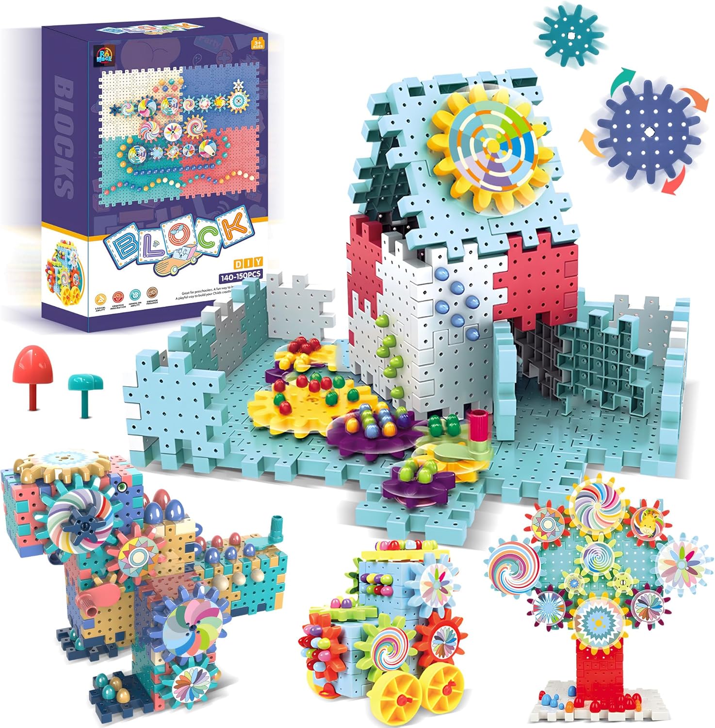 Rohsce gear toys 150 piece interlocking building blocks set front view