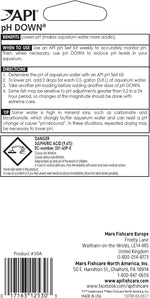 API pH Down liquid water treatment bottle back label details