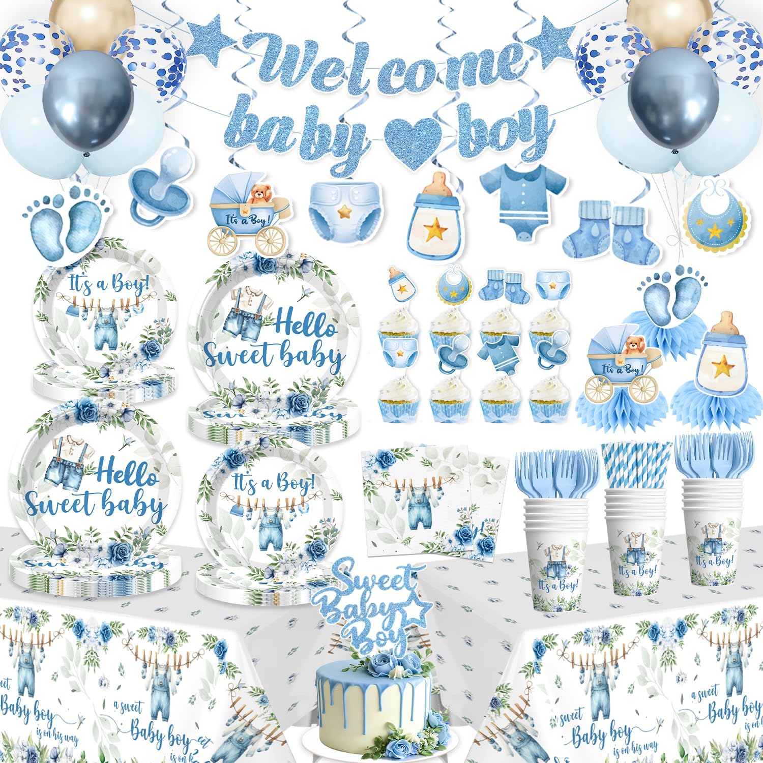 Cocomigo blue baby boy shower tableware set front view