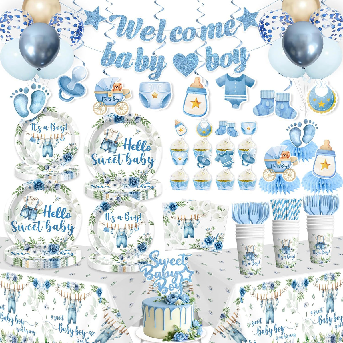 Cocomigo blue baby boy shower tableware set front view