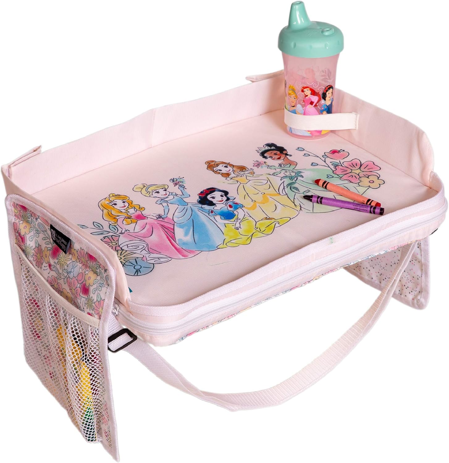 J.L. Childress Disney Baby 3-in-1 Kids Travel Tray front view featuring light pink Disney Princess design
